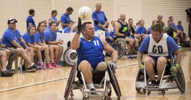 ADF and RSL members compete in wheelchair ruby as part of the 2017 Invictus Games selection trials, at the Australian Institute of Sport, Canberra. Photo by Lauren Larking.