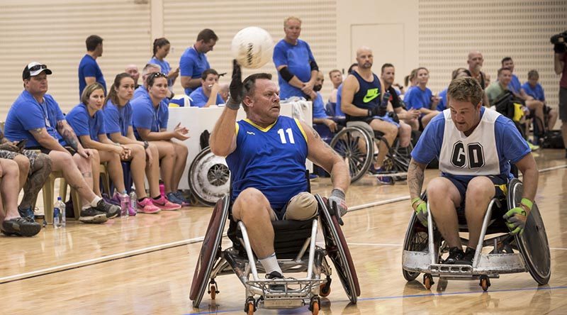 ADF and RSL members compete in wheelchair ruby as part of the 2017 Invictus Games selection trials, at the Australian Institute of Sport, Canberra. Photo by Lauren Larking.