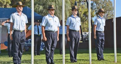 Air Force Cadets of No 623 Squadron AAFC on duty at the Mildura Flag Raising Ceremony (left to right): CCPL Shannon McKee, CSGT Josef Gerstenmayer, CSGT Lachlan Turlan and CUO Jacob Adolph. NOTE: Each cadet is wearing the rank slides of their previous ranks – all were promoted immediately before Australia Day and had not yet been issued their new rank slides.