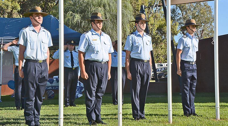 Air Force Cadets of No 623 Squadron AAFC on duty at the Mildura Flag Raising Ceremony (left to right): CCPL Shannon McKee, CSGT Josef Gerstenmayer, CSGT Lachlan Turlan and CUO Jacob Adolph. NOTE: Each cadet is wearing the rank slides of their previous ranks – all were promoted immediately before Australia Day and had not yet been issued their new rank slides.