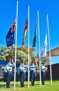 Air Force Cadets of No 623 Squadron AAFC on duty at the Mildura Flag Raising Ceremony (left to right): CCPL Shannon McKee, CSGT Josef Gerstenmayer, CSGT Lachlan Turlan and CUO Jacob Adolph. NOTE: Each cadet is wearing the rank slides of their previous ranks – all were promoted immediately before Australia Day and had not yet been issued their new rank slides.
