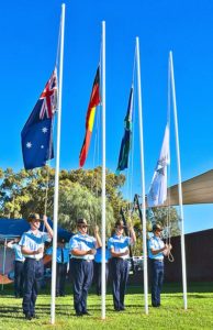 Air Force Cadets of No 623 Squadron AAFC on duty at the Mildura Flag Raising Ceremony (left to right): CCPL Shannon McKee, CSGT Josef Gerstenmayer, CSGT Lachlan Turlan and CUO Jacob Adolph. NOTE: Each cadet is wearing the rank slides of their previous ranks – all were promoted immediately before Australia Day and had not yet been issued their new rank slides. 