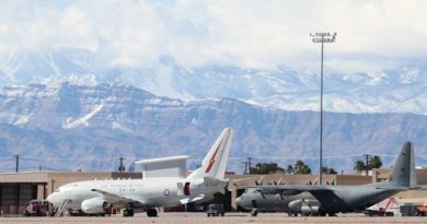 A Royal Australian Air Force E-7A Wedgetail and C-130J Hercules on the flightline at Nellis Air Force Base. Photo by Eamon Hamilton.