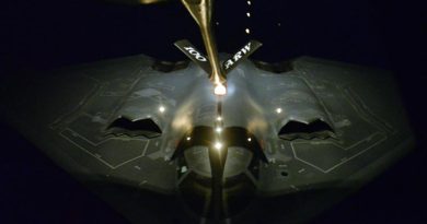 A KC-135 Strantotanker refuels a B-2 Spirit during a mission to bomb ISIL training camps in Libya. US Air Force photo by Staff Sergeant Kate Thornton.