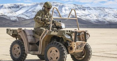 A member of No. 4 Squadron Combat Control Team on an MV-850 quadbike during an airfield survey on a dry lake bed in the Nevada Test and Training Range. The Quadbike is used to traverse distances around an airfield quickly during survey missions in the field. Photo by Corporal Brenton Kwaterski.