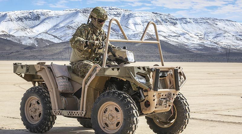 A member of No. 4 Squadron Combat Control Team on an MV-850 quadbike during an airfield survey on a dry lake bed in the Nevada Test and Training Range. The Quadbike is used to traverse distances around an airfield quickly during survey missions in the field. Photo by Corporal Brenton Kwaterski.