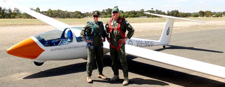 Flying Officer Kate Pepper and Warrant Officer Rod Hamilton (both RAAF) after successfully completing the aerotow qualification at Gawler aerodrome in January.