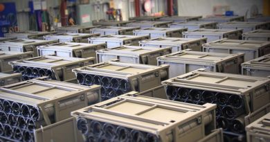 Australian Army unit load ammunition containers in a warehouse ready for delivery to artillery soldiers for the safe transport and storage of 155mm ammunition in the field.