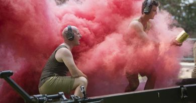 Members from 103 Battery, 8th/12th Regiment, Royal Australian Artillery, take part in a depiction of the Bombing of Darwin during the 75th Anniversary commemorative service on Sunday 19 February 2017 at the Darwin Esplanade. Photo by Able Seaman Kayla Hayes.