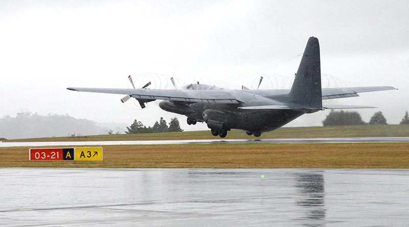 A Royal New Zealand Air Force C-130 Hercules departs Base Auckland to pick up fire retardant materials from Australia. NZDF photo.