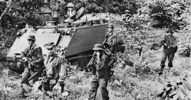 One of thousands of photos taken by Billy Cunneen in Vietnam – 1966, Australian APCs of 1 APC Sqn and dismounted soldiers pursue retreating Viet Cong troops in Phuoc Tuy Province. Click to enlarge.