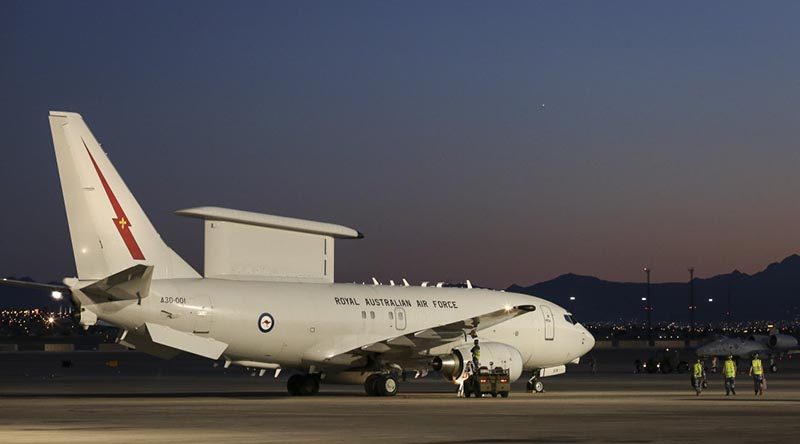 A Royal Australian Air Force E-7A Wedgetail on the flightline at Nellis Air Force Base during Exercise Red Flag 17-1. Photo by Brenton Kwaterski.