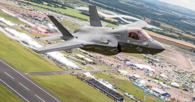 A USMC F35B performs a fly past of crowds at RAF Fairdord on Friday 8th July 2016 during the Royal International Air Tattoo. Crown Copyright 2016. Photo by SAC Tim Laurence.