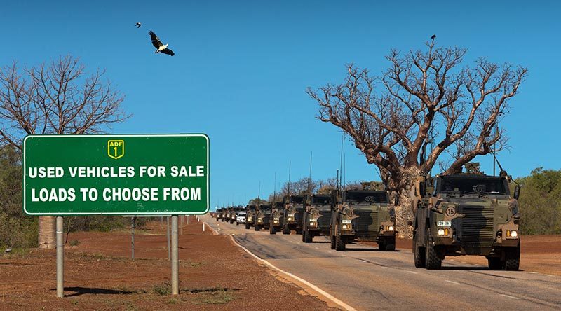 Australian Army Bushmaster protected mobility vehicles from 1st Brigade drive along the Great Northern Highway during Exercise Northern Shield 2016. Original photo by Corporal David Said – digitally altered by CONTACT.