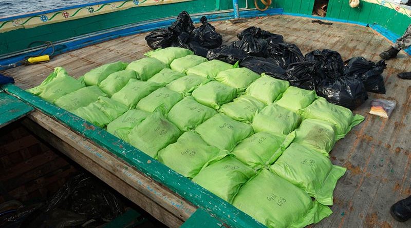 While on patrol in the Middle East region, HMAS Arunta conducted a boarding and discovered about 800kg of illegal narcotics. Photo by Able Seaman Steven Thompson.