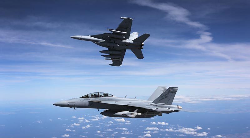 A pair of RAAF EA-18G Growlers en route to the Australian International Airshow at Avalon. Photo by Sergeant Mick Both.