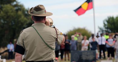 Australian Army Band Adelaide Bugler, Corporal Andrew Barnett, plays the Last Post for World War One soldier, Private Miller Mack, during his reinterment service in Raukkan, South Australia on 24 March 2017. Photo by Sergeant W Guthrie.