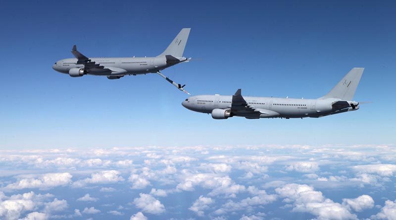 A KC-30A Multi Role Tanker Transport (MRTT) extends its boom to connect to another KC-30A MRTT. ADF file photo.