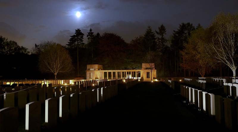 Moonlight shines over Polygon Wood and Buttes New British Cemetery before the ANZAC DAY dawn service 2016. Photo by Corporal Craig Barrett.