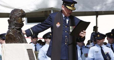 Air Force Director-General Chaplaincy, Air Commodore Kevin Russell, blesses Air Marshal Sir George Jones' memorial during the Rushworth RSL’s Centenary of Anzac Commemoration Ceremony. Photo by Corporal Colin Dadd.