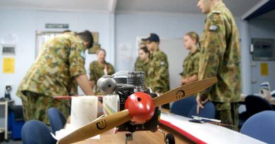 Air Force Cadets learn about radio-controlled aircraft during a preparation day at the Gawler Depot (left to right): LCDT Haralambos Varelias (613 SQN), CCPL Courtney Semmler and CSGT Casey Dibben (608 SQN), LCDT Samantha Stevens (609 SQN), CDT Adomas Neocleous (619 SQN), LCDT Hayley Whitehorn (608 SQN) and LCDT Elias Neocleous (619 SQN).
