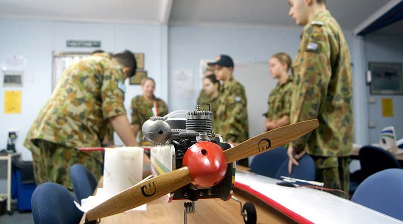 Air Force Cadets learn about radio-controlled aircraft during a preparation day at the Gawler Depot (left to right): LCDT Haralambos Varelias (613 SQN), CCPL Courtney Semmler and CSGT Casey Dibben (608 SQN), LCDT Samantha Stevens (609 SQN), CDT Adomas Neocleous (619 SQN), LCDT Hayley Whitehorn (608 SQN) and LCDT Elias Neocleous (619 SQN).