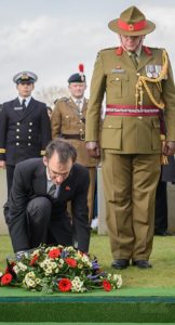 New Zealand Ambassador to Belgium His Excellency Gregory Andrews and Brigadier Evan Williams lay a wreath during the burial ceremony of the partial remains of an unknown First World War New Zealand soldier and the partial remains of two British soldiers today at the Perth (China Wall) Commonwealth War Graves Cemetery near Ieper, in Belgium.