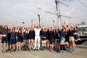 The Crew and Youth Crew of Training Ship Young Endeavour show excitement after returning to Fleet Base East, Sydney, after completing a 10-month circumnavigation of Australia. Photo by Able Seaman Bonny Gassner.