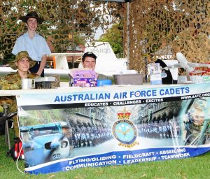 The 602 Squadron recruiting stand at the Mount Barker Show on Saturday 25 March 2017 (left to right): LCDT Aiden Carling, CCPL Benjamin Grillett and LCDT Ben Carter. Photo by Flight Lieutenant (AAFC) Lawrence Ng.