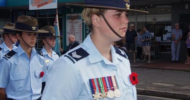 Cadet Sergeant Casey Dibben wears her great-grandfather’s medals to honour the service of Private Geoffrey Whiteman, who served in New Guinea with the 6th Australian Division Workshops AIF. Photo by Pilot Officer (AAFC) Paul Rosenzweig