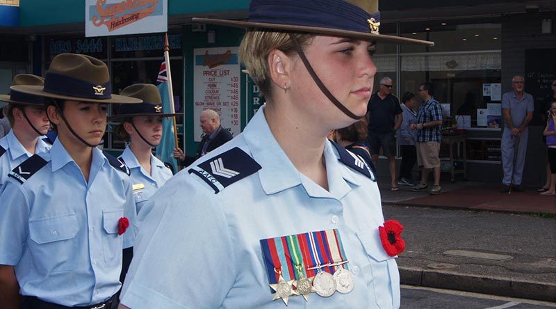 Cadet Sergeant Casey Dibben wears her great-grandfather’s medals to honour the service of Private Geoffrey Whiteman, who served in New Guinea with the 6th Australian Division Workshops AIF. Photo by Pilot Officer (AAFC) Paul Rosenzweig