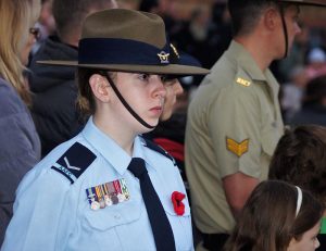 Leading Cadet Ainslie Carter honours the service of a family member at the Gawler Anzac Day Dawn Service. Her relative was a Vietnam Veteran. Photo by Pilot Officer (AAFC) Paul Rosenzweig.