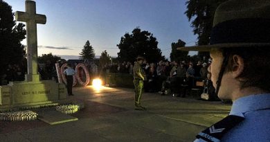 Air Force Cadets of No 603 Squadron at the Loxton Dawn Service: Cadet Corporal Owen Parry (Guard Commander), with Cadet Ashleigh Minnis on duty at the Cenotaph. Also on duty was Cadet Isaac Edwards (not in frame). 603 Sqn photo.