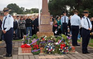 Catafalque Party provided by No. 608 (Town of Gawler) Squadron for the Gawler Dawn service (left to right, anti-clockwise): Cadet Corporal Courtney Semmler, Cadet Corporal Andrew Paxton, Cadet Under Officer Hayden Skiparis (Guard Commander), Cadet Flight Sergeant Benjamin Kurtz (obscured) and Cadet Sergeant Casey Dibben. Not in image: Cadet Corporal Dylan Haynes (Reserve). Image by Pilot Officer (AAFC) Paul Rosenzweig.