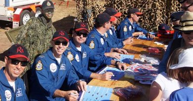 Roulettes pilots autograph posters and give souvenirs to the public attending the 2017 Barossa Air Show, without noticing the photo-bomb by the Air Force Cadets’ “Ghillie Girl”. Photo by Pilot Officer (AAFC) Paul Rosenzweig.