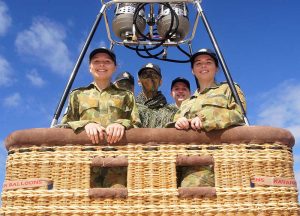No 6 Wing Air Force Cadets in the basket of the Air Force Balloon at the Barossa Air Show: Leading Cadets Kelly and Emma Parkin from No 613 Squadron, and Cadet Sergeant Casey Dibben, Cadet Corporal Courtney Semmler and Leading Cadet Hayley Whitehorn from No 608 (Town of Gawler) Squadron. Photo by Pilot Officer (AAFC) Paul Rosenzweig.