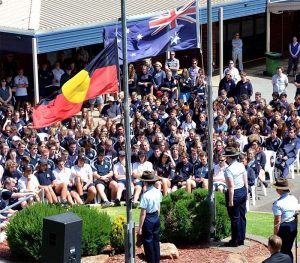 Then Cadet Corporal Chaise Olah commands a party of Air Force Cadets from No 619 (City of Onkaparinga) Squadron at the 2016 Willunga High School Remembrance Day service. Photo by Pilot Officer (AAFC) Paul Rosenzweig.