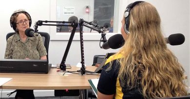 Cadet Sergeant Chaise Olah (right) is interviewed on radio by ABC Adelaide producer Helen Meyer. Photo by Pilot Officer (AAFC) Paul Rosenzweig.