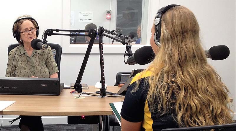 Cadet Sergeant Chaise Olah (right) is interviewed on radio by ABC Adelaide producer Helen Meyer. Photo by Pilot Officer (AAFC) Paul Rosenzweig.