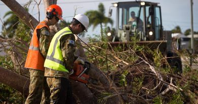 Corporal Brendan Bayly and a colleague from 3rd Combat Engineer Regiment, cuts up a fallen tree in Bowen, Queensland, in the wake of Tropical Cyclone Debbie. Photo by corporal David Said.