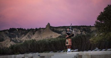 Australian Army bagpiper Musician Dave Leaders rehearses at the Ari Burnu cemetery, Gallipoli, Turkey, ahead of 2017 Anzac Day commemorations. Photo by Able Seaman Kayla Hayes.