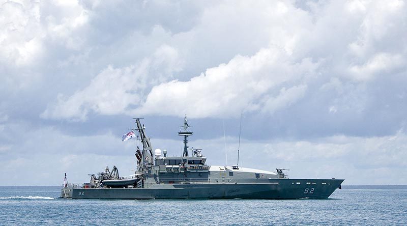 Armidale-class patrol boat HMAS Wollongong at sea. Photo by Able Seaman Kayla Hayes.