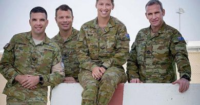 Sergeant Ben Stuart, Warrant Officer Class Two Clinton Doedee, Corporal Tayla Kelly and Warrant Officer Class One Jason Hartley in the Middle East.