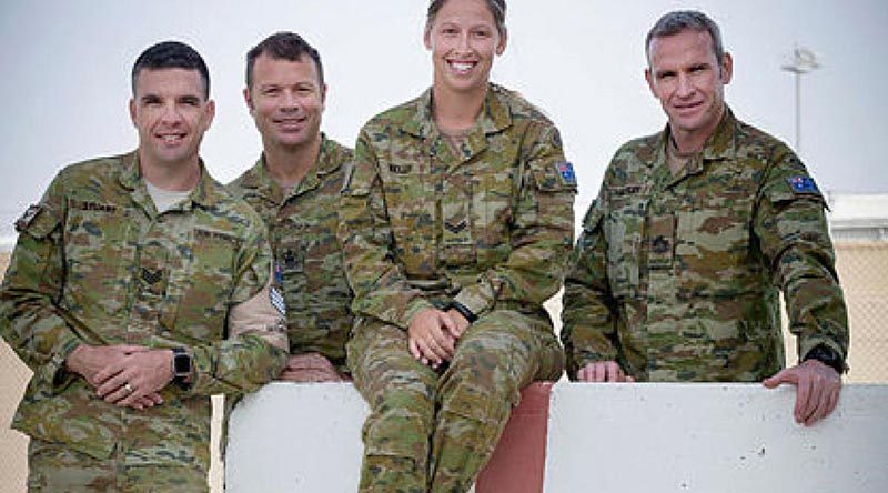 Sergeant Ben Stuart, Warrant Officer Class Two Clinton Doedee, Corporal Tayla Kelly and Warrant Officer Class One Jason Hartley in the Middle East.