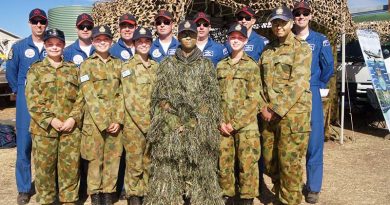 No 6 Wing Air Force Cadets on duty at the recent Barossa Air Show with the Air Force Roulettes team (left to right): Cadet Danielle Webb, Leading Cadets Kelly and Emma Parkin, Cadet Corporal Courtney Semmler, Leading Cadet Hayley Whitehorn and Cadet Sergeant Casey Dibben.