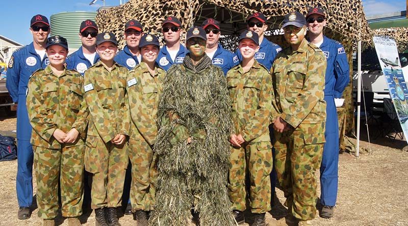 No 6 Wing Air Force Cadets on duty at the recent Barossa Air Show with the Air Force Roulettes team (left to right): Cadet Danielle Webb, Leading Cadets Kelly and Emma Parkin, Cadet Corporal Courtney Semmler, Leading Cadet Hayley Whitehorn and Cadet Sergeant Casey Dibben.