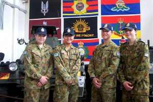 6 Wing Air Force Cadets improving their Service knowledge at the National Military Vehicle Museum (left to right): Cadets Lachlan Jenkins and Sarah Sha (both now reclassified as Leading Cadets), Cadet Under Officer Aaron Musk, and Cadet Corporal Anthony Sanchez. As well as progressing in the AAFC, Leading Cadets Jenkins and Sha have just qualified to receive the Bronze Award of The Duke of Edinburgh’s International Award.