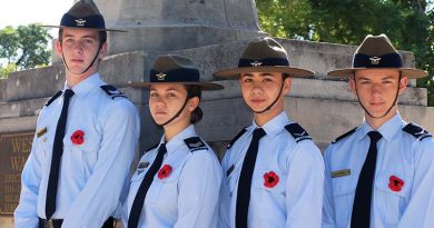 Cadet Sergeant Blake Lawrence, Cadet Sergeant Britney Shorter, Leading Cadet Zain Carse and Leading Cadet Byron Barnes-Williams of No 604 Squadron, wear poppies in the left-brett pocket flap, as allowed in the AAFC dress manual.