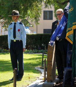 Leading Cadet Zain Carse of No 604 Squadron, AAFC wears a poppy during a ceremony in West Torrens on 22 April to dedicate a plaque to those who fell during the post-war campaigns in Malaya and Borneo (the Malayan Emergency and Confrontation), honouring his grandfather Corporal Dave Carse of the New Zealand Army, who served in Malaya in 1958-59 with the 2nd Battalion, New Zealand Regiment of the 28th Commonwealth Infantry Brigade.