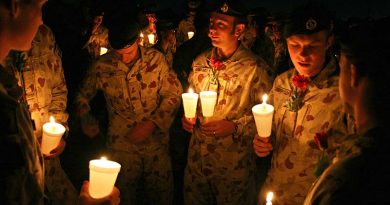 Members of Overwatch Battle Group–West get ready to participate in an ANZAC Day Dawn Service at Talil, Iraq, 2008. Photo by Brian Hartigan.